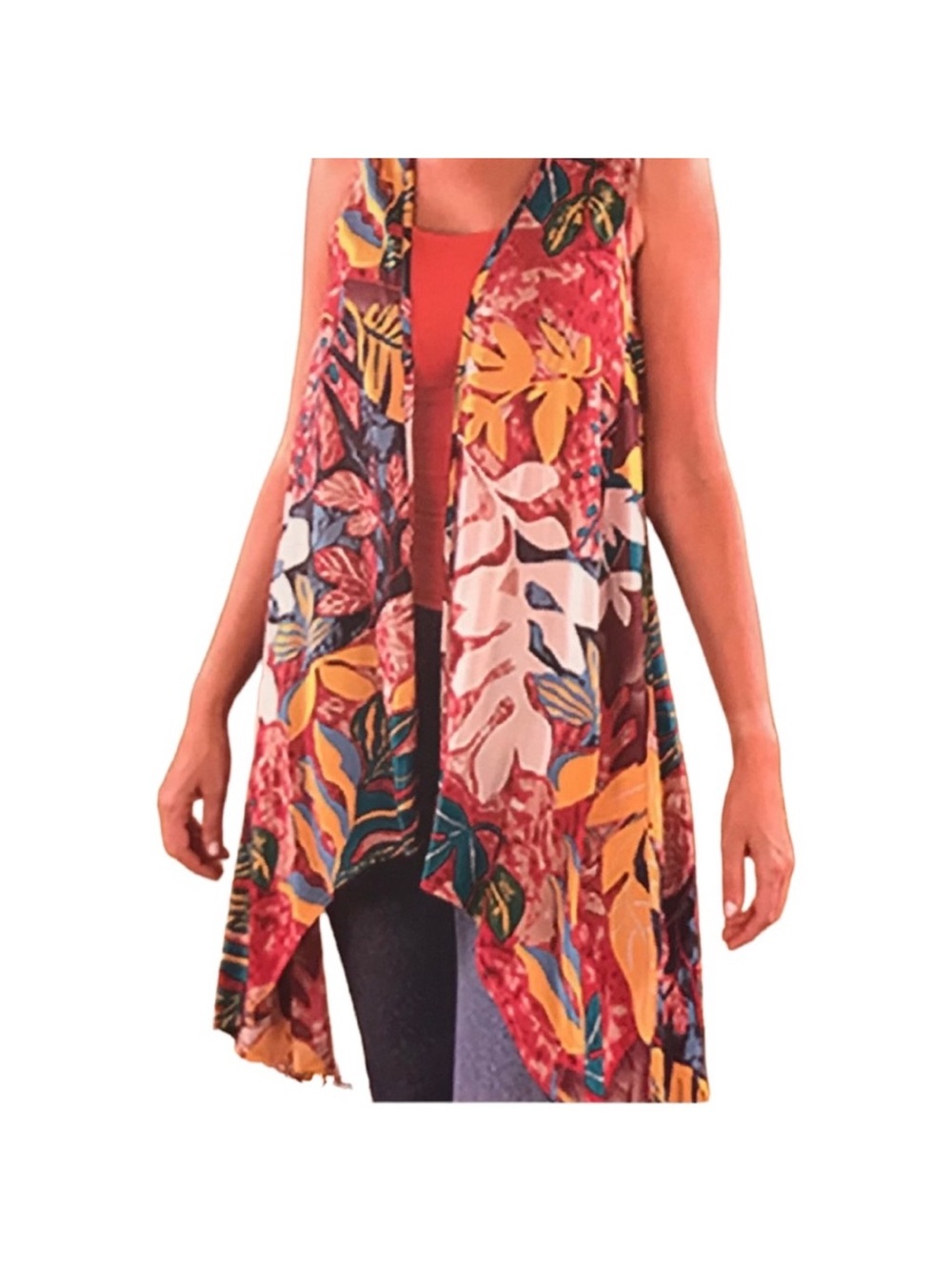 Sacred Threads Tropical Leaf Print Sleeveless Duster Vest - Cardigan. One Size